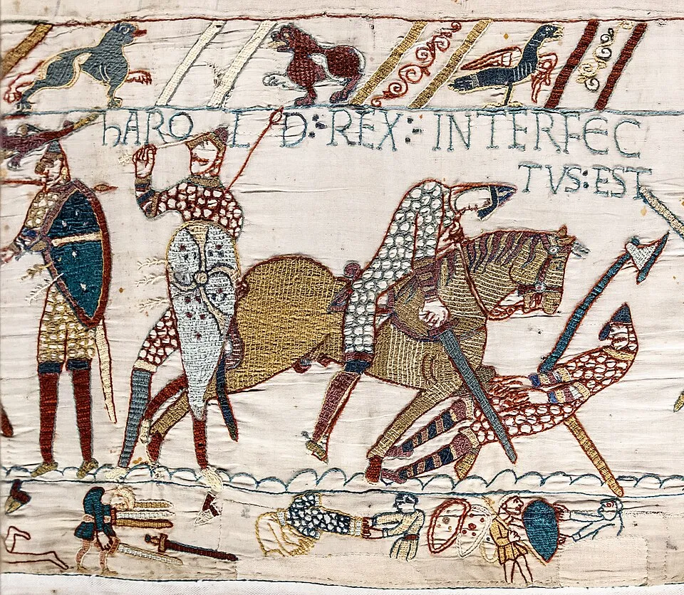 The Bayeux Tapestry showing the death of King Harold at the Battle of Hastings, 1066
