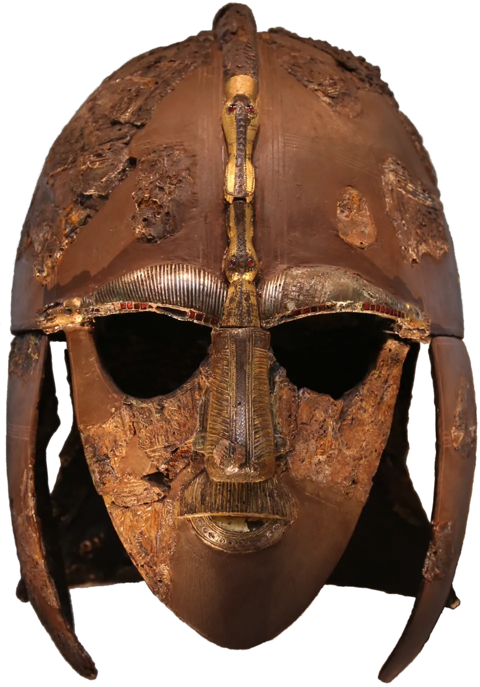 The reconstructed Sutton Hoo helmet, an Anglo-Saxon treasure found in Suffolk now on display in the British Museum