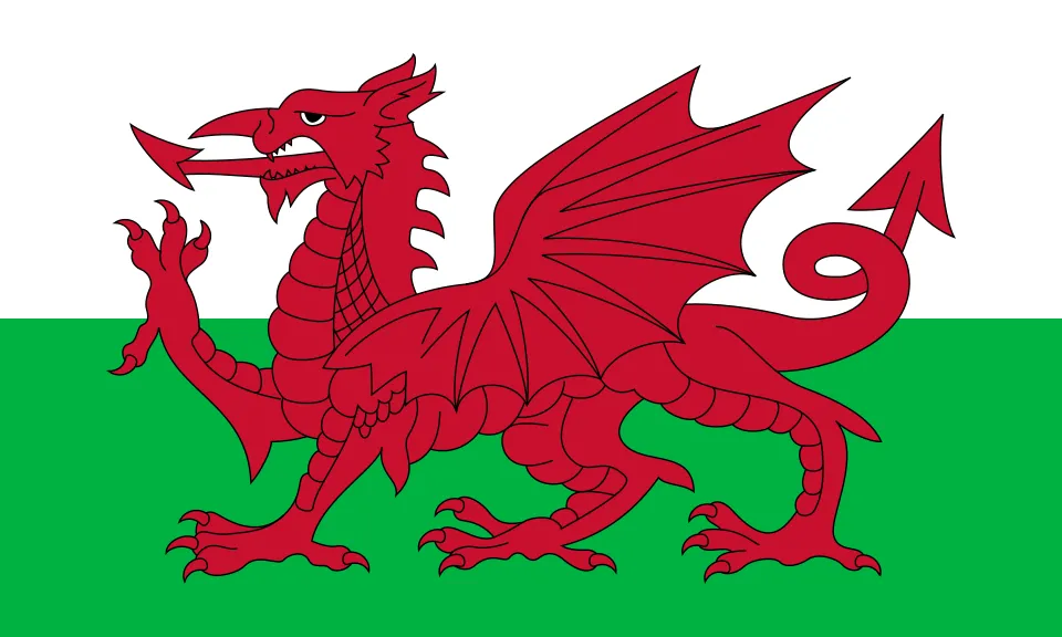 The official Welsh Flag featuring a red dragon on a green and white background