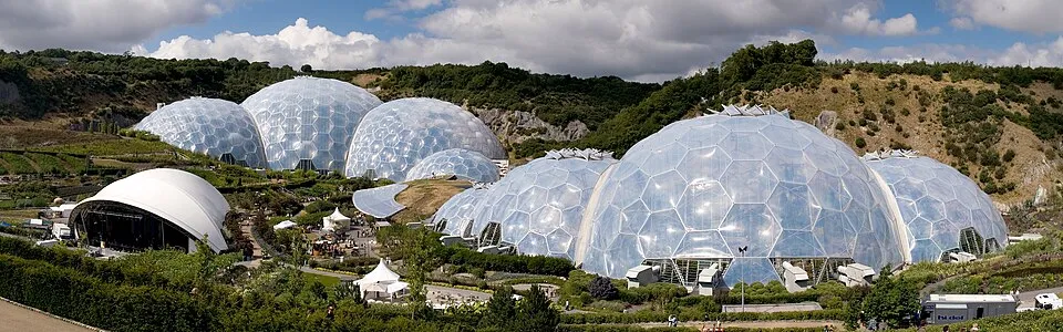 The Eden Project in Cornwall, featuring the world's largest indoor rainforest within its iconic geodesic biomes