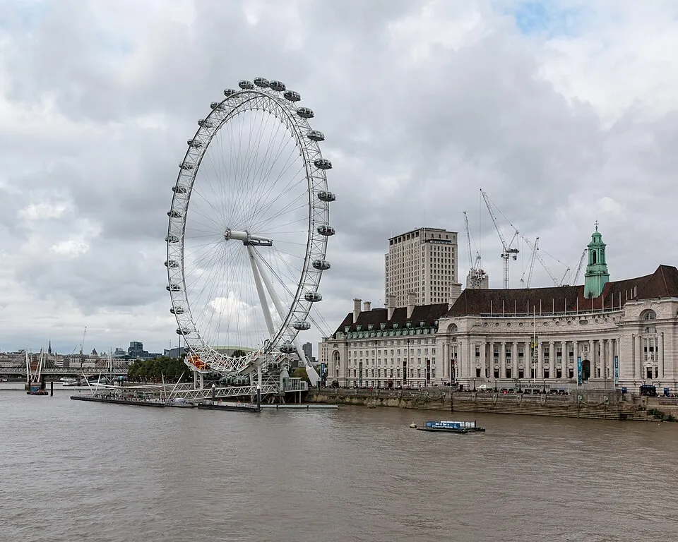 The London Eye, a giant Ferris wheel on the South Bank of the River Thames